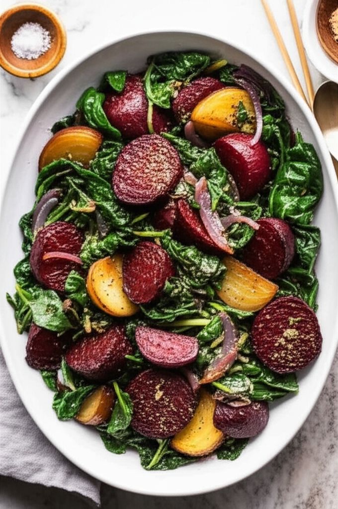 Oven-Roasted Beets with Wilted Spinach
