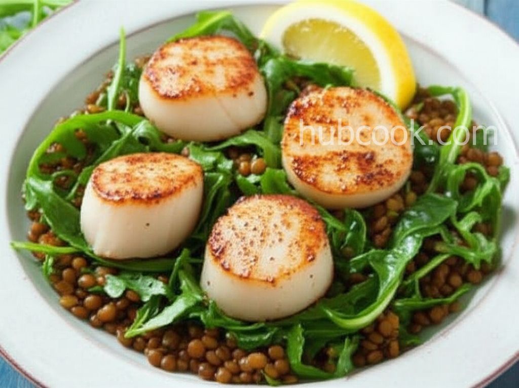 Scallops with Arugula, Lentils, and Butter Beans
