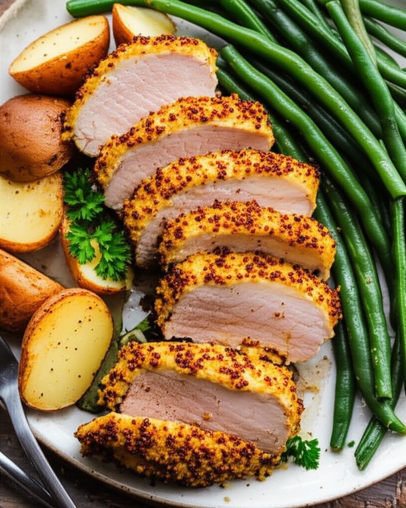 Air Fryer Mustard-Crusted Pork Tenderloin with Potatoes and Green Beans