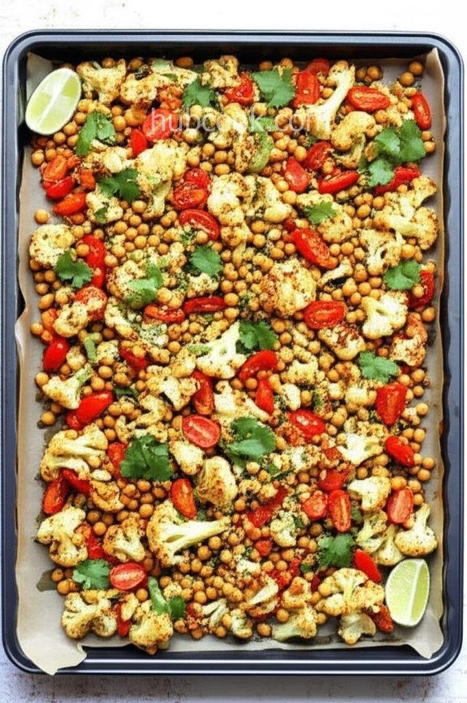 Easy Vegan Sheet Pan Roasted Cauliflower, Tomatoes, and Garbanzo Beans
