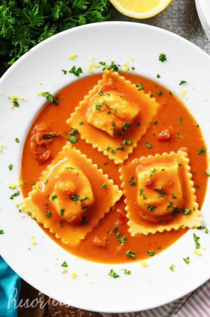Lobster Ravioli in Tomato Cream Sauce with Shrimp