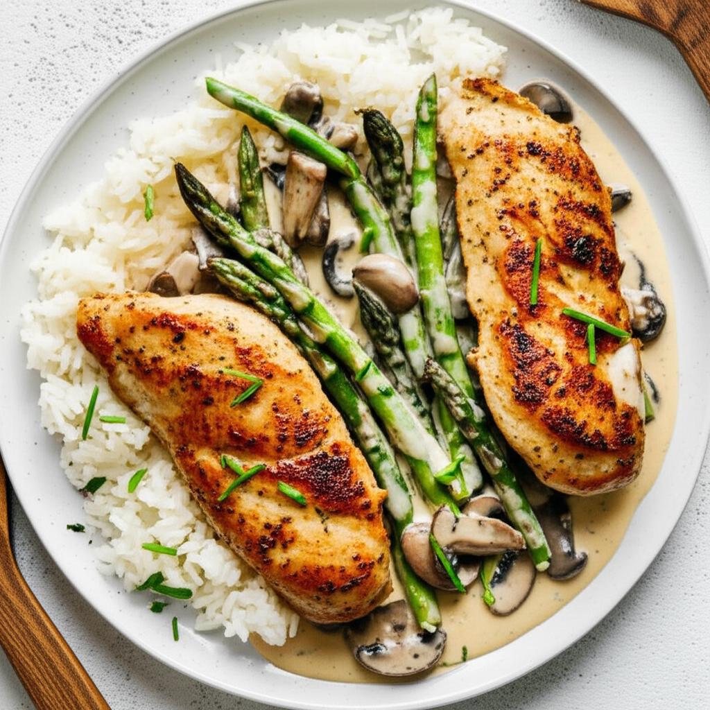 Boursin Chicken, Mushroom, and Asparagus Skillet