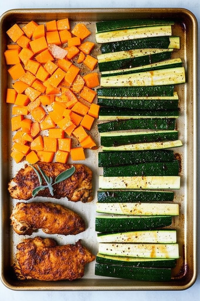 Horseradish Chicken, Butternut Squash, and Zucchini Sheet Pan Dinner