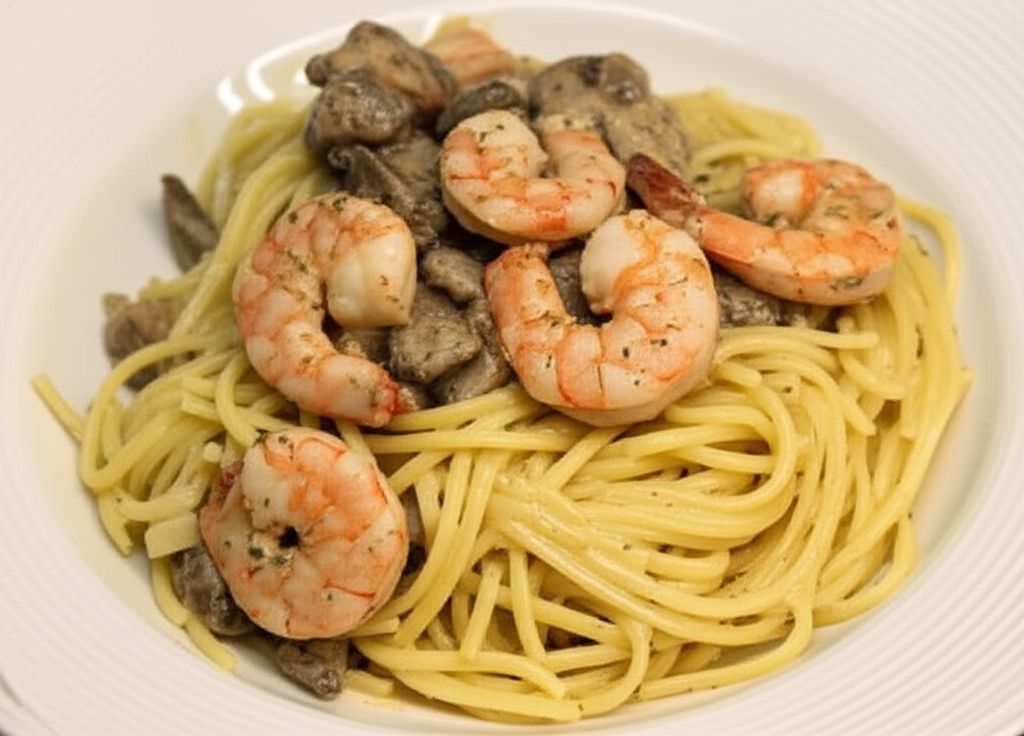 Shrimp and Mushroom Linguini with Creamy Cheese Herb Sauce