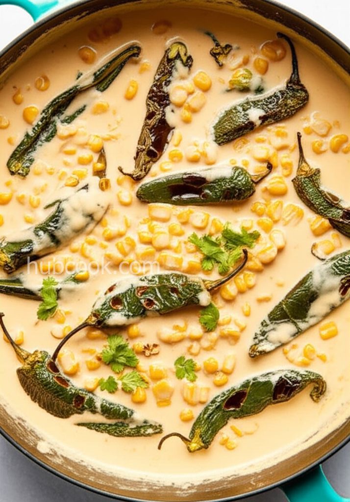 Rajas con Crema, Elote, y Queso (Creamy Poblano Peppers and Sweet Corn)