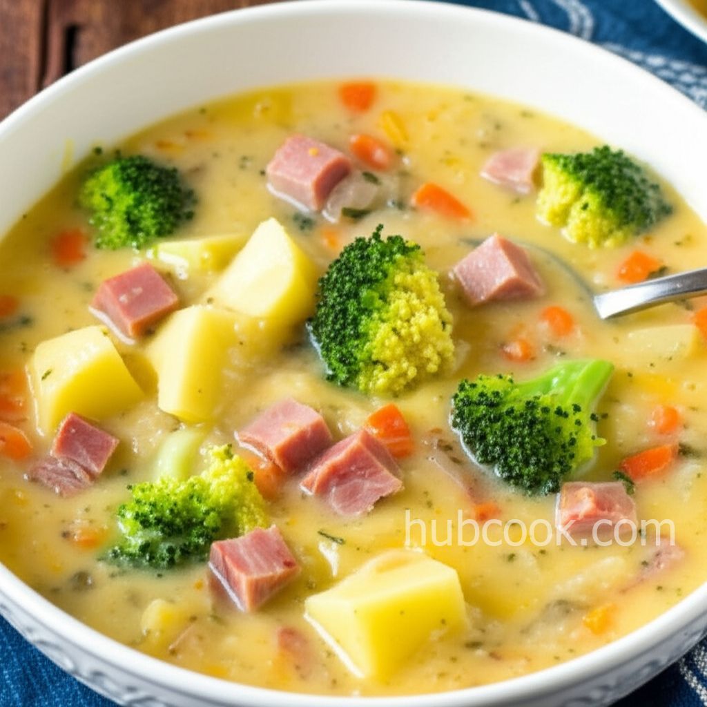 Potato, Ham, Broccoli, and Cheese Soup with Baby Dumplings